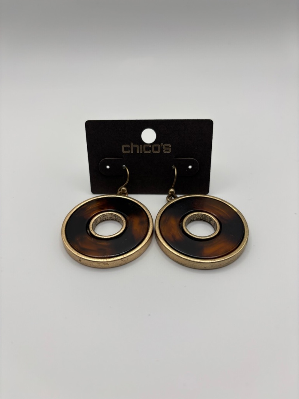 Chico's Brown Tortoiseshell Disc Drop Earrings with Gold Trim